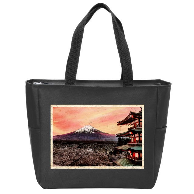 Vintage Japanese Mt. Fuji Pagoda and Cherry Blossoms Zip Tote Bag