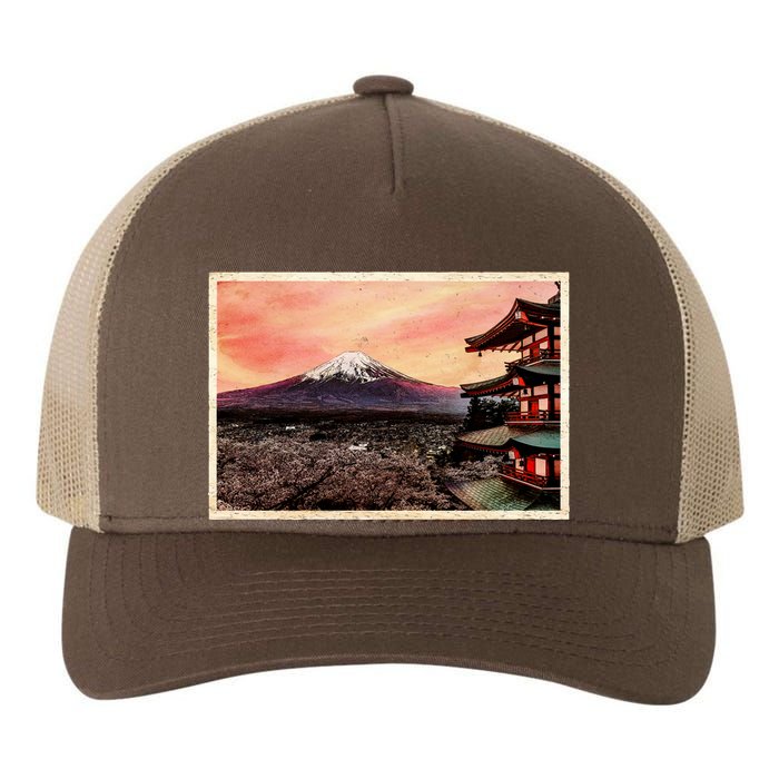 Vintage Japanese Mt. Fuji Pagoda and Cherry Blossoms Yupoong Adult 5-Panel Trucker Hat