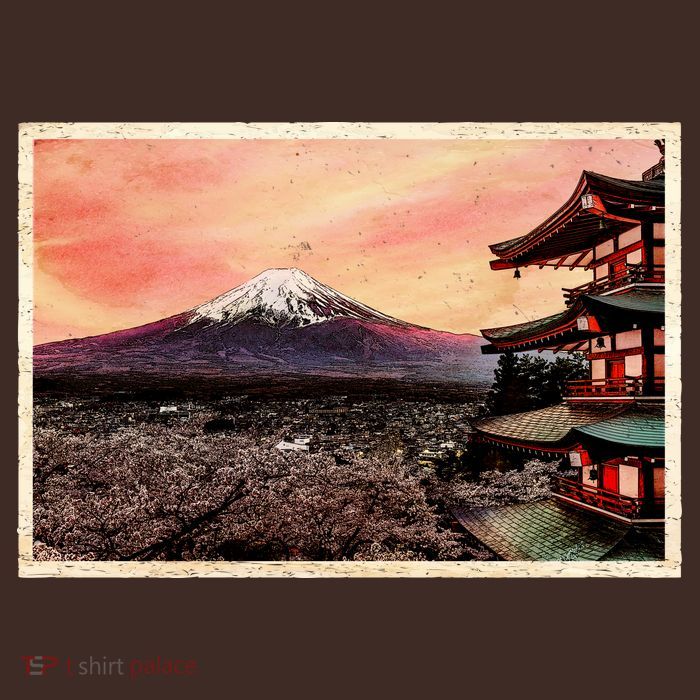Vintage Japanese Mt. Fuji Pagoda and Cherry Blossoms T-Shirt