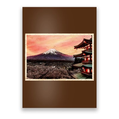 Vintage Japanese Mt. Fuji Pagoda and Cherry Blossoms Poster