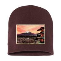 Vintage Japanese Mt. Fuji Pagoda and Cherry Blossoms Short Acrylic Beanie