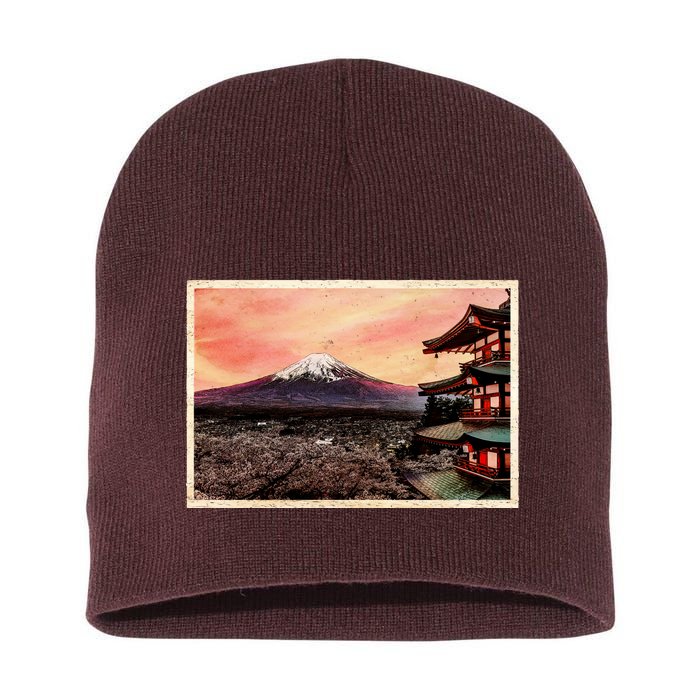 Vintage Japanese Mt. Fuji Pagoda and Cherry Blossoms Short Acrylic Beanie