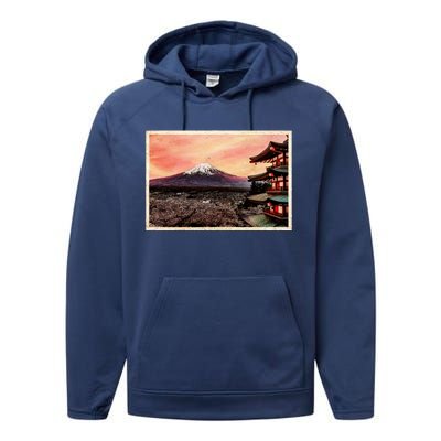 Vintage Japanese Mt. Fuji Pagoda and Cherry Blossoms Performance Fleece Hoodie