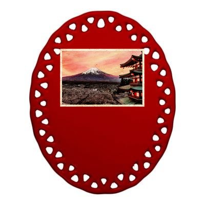 Vintage Japanese Mt. Fuji Pagoda and Cherry Blossoms Ceramic Oval Ornament