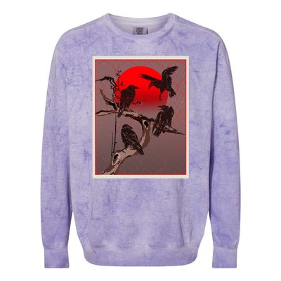 Vintage Japanese Raven Crow Red Moon Colorblast Crewneck Sweatshirt