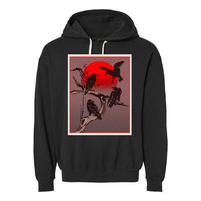 Vintage Japanese Raven Crow Red Moon Garment-Dyed Fleece Hoodie