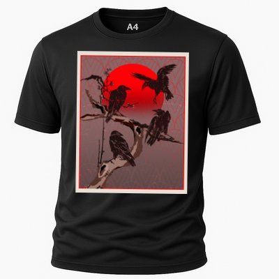 Vintage Japanese Raven Crow Red Moon Performance Shirt