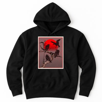 Vintage Japanese Raven Crow Red Moon Hoodie
