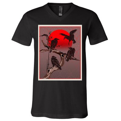 Vintage Japanese Raven Crow Red Moon V-Neck T-Shirt