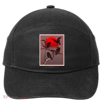 Vintage Japanese Raven Crow Red Moon 7-Panel Snapback Hat