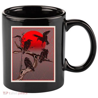 Vintage Japanese Raven Crow Red Moon 11oz C Handle Ceramic Mug