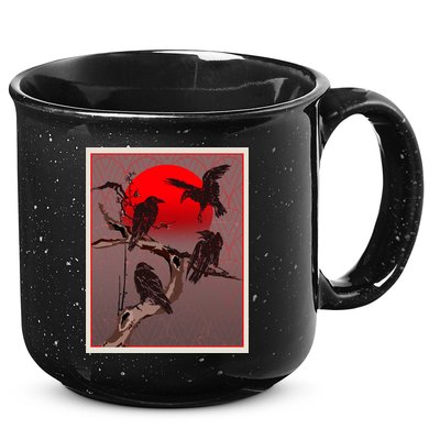 Vintage Japanese Raven Crow Red Moon 15oz Campfire Ceramic Mug