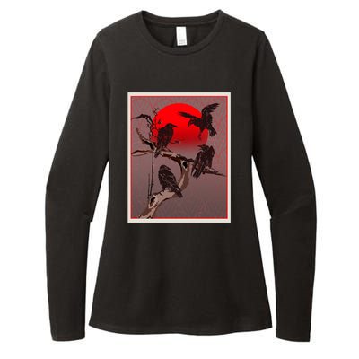 Vintage Japanese Raven Crow Red Moon Womens CVC Long Sleeve Shirt