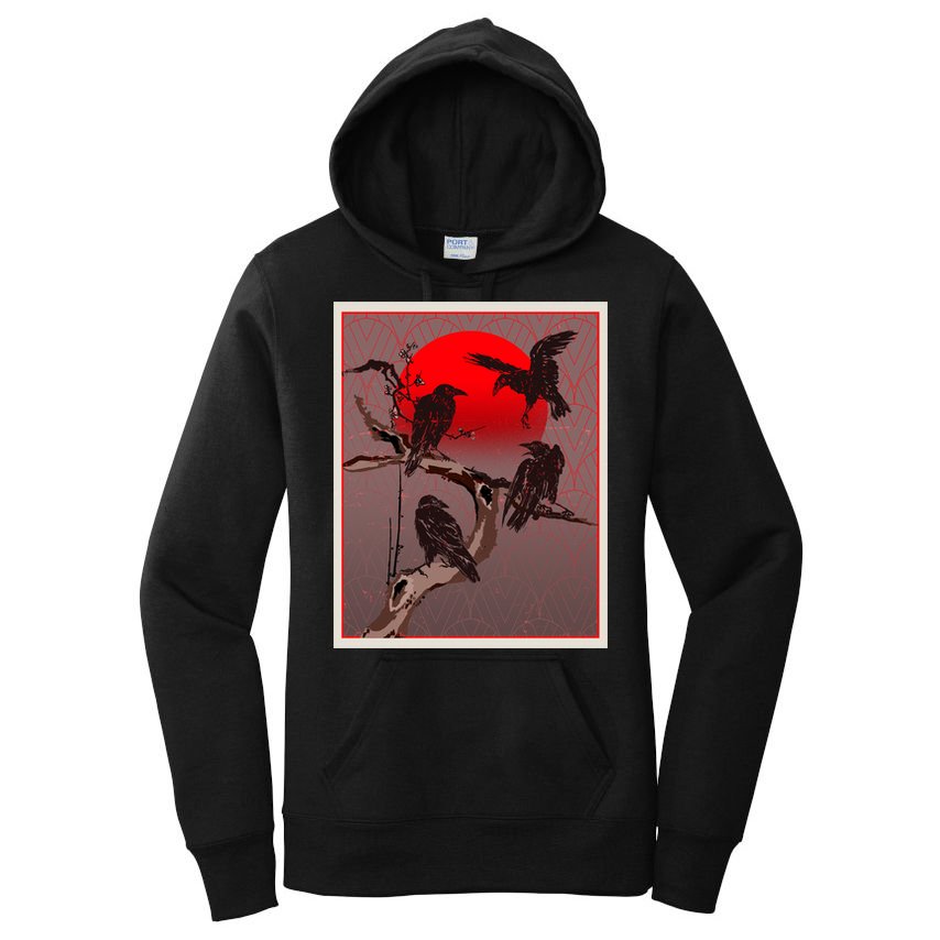 Vintage Japanese Raven Crow Red Moon Women's Pullover Hoodie