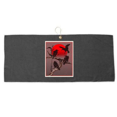 Vintage Japanese Raven Crow Red Moon Large Microfiber Waffle Golf Towel