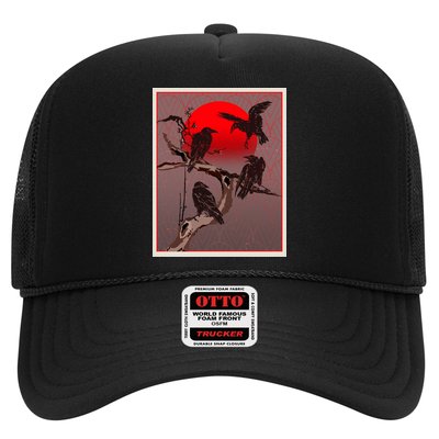 Vintage Japanese Raven Crow Red Moon Trucker Hat