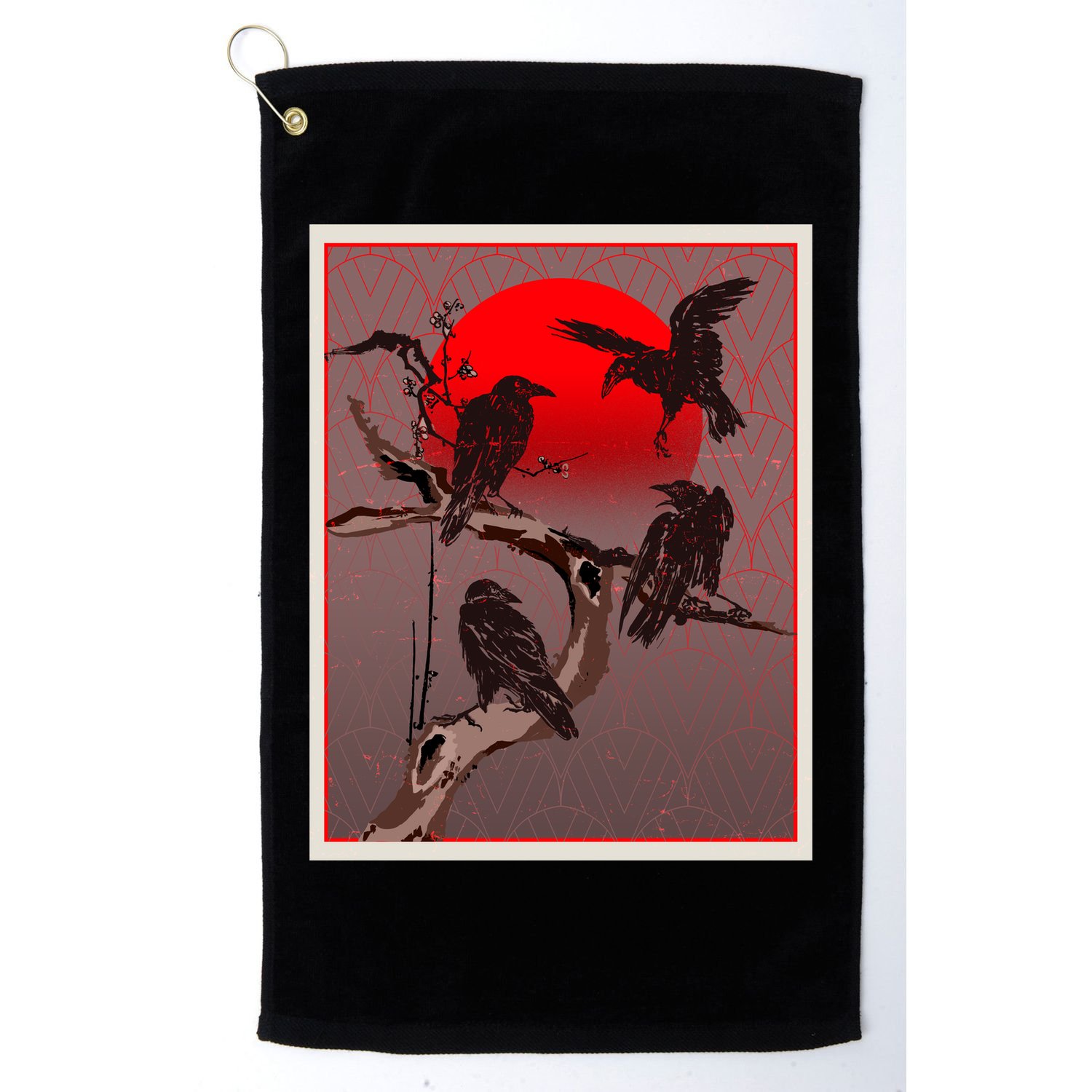 Vintage Japanese Raven Crow Red Moon Golf Towel