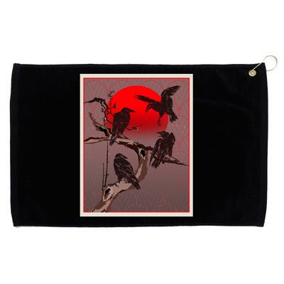 Vintage Japanese Raven Crow Red Moon Grommeted Golf Towel