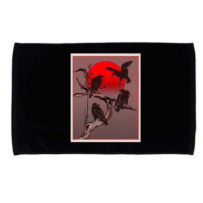 Vintage Japanese Raven Crow Red Moon Microfiber Hand Towel