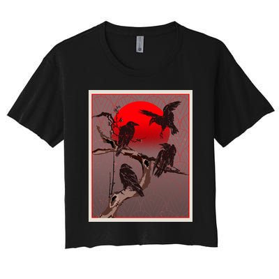 Vintage Japanese Raven Crow Red Moon Crop Top
