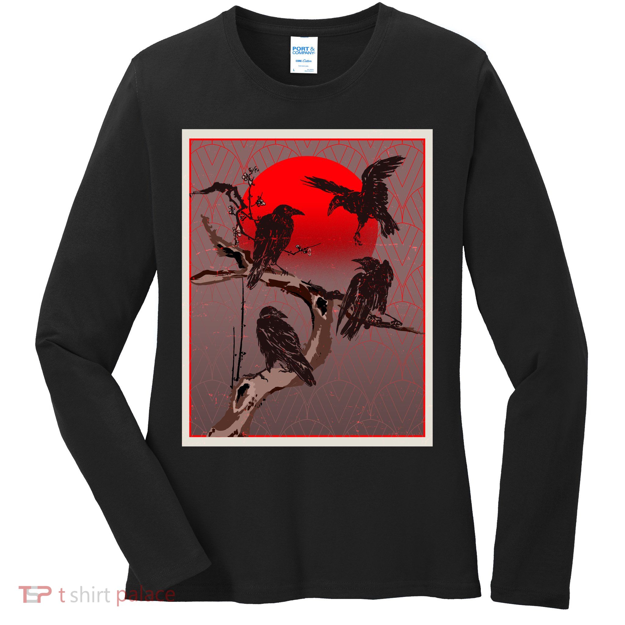Vintage Japanese Raven Crow Red Moon Ladies Long Sleeve Shirt