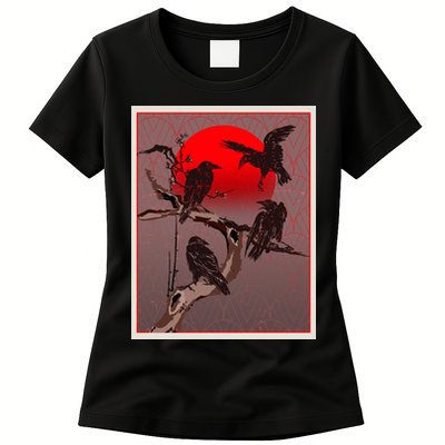 Vintage Japanese Raven Crow Red Moon Womens T-Shirt