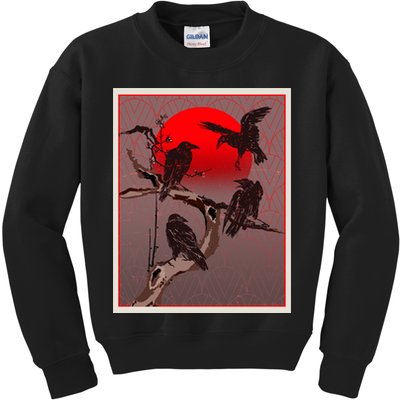 Vintage Japanese Raven Crow Red Moon Kids Sweatshirt