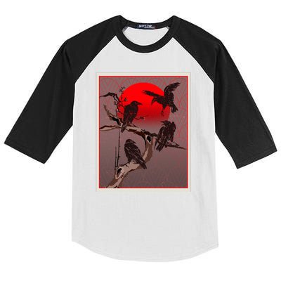 Vintage Japanese Raven Crow Red Moon Kids Colorblock Raglan Jersey