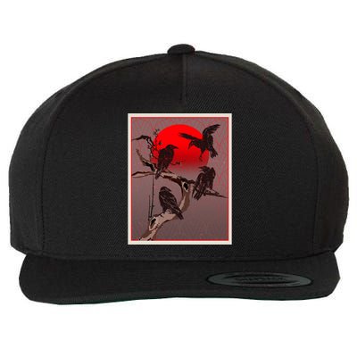 Vintage Japanese Raven Crow Red Moon Wool Snapback Cap