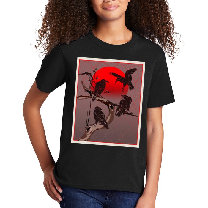Vintage Japanese Raven Crow Red Moon Kids T-Shirt