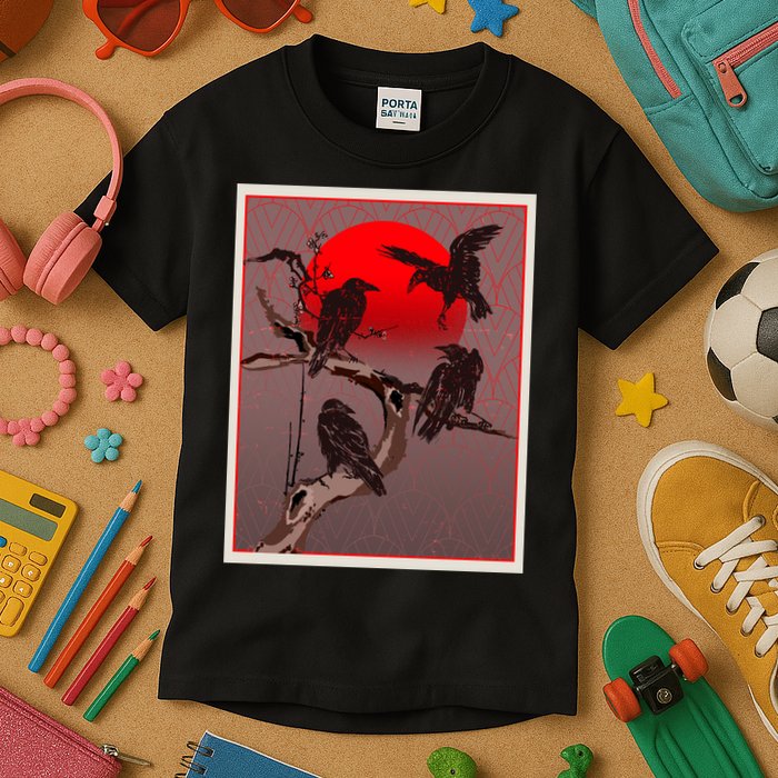 Vintage Japanese Raven Crow Red Moon Kids T-Shirt