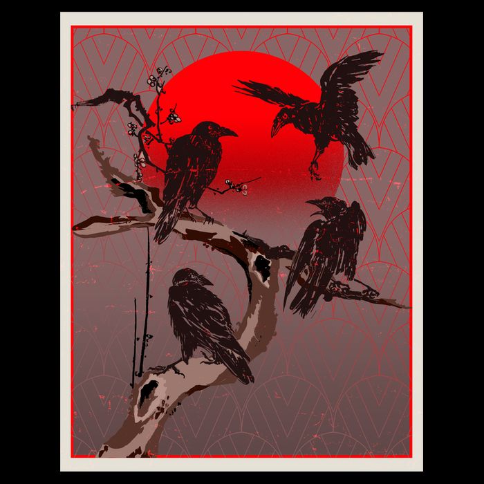 Vintage Japanese Raven Crow Red Moon Kids T-Shirt