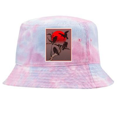 Vintage Japanese Raven Crow Red Moon Tie-Dyed Bucket Hat