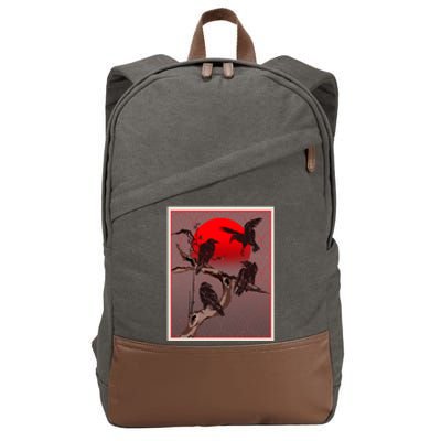 Vintage Japanese Raven Crow Red Moon Cotton Canvas Backpack