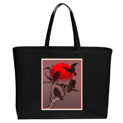 Vintage Japanese Raven Crow Red Moon Cotton Canvas Jumbo Tote