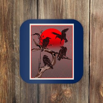 Vintage Japanese Raven Crow Red Moon Coaster