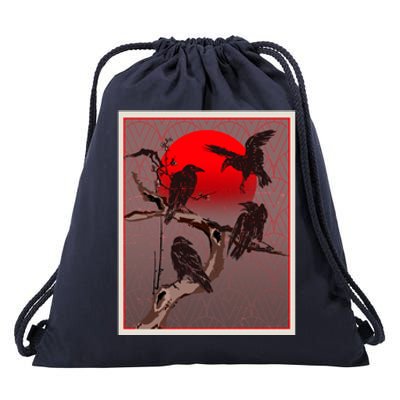 Vintage Japanese Raven Crow Red Moon Drawstring Bag