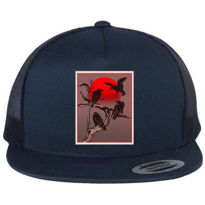 Vintage Japanese Raven Crow Red Moon Flat Bill Trucker Hat