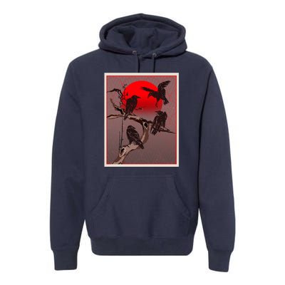 Vintage Japanese Raven Crow Red Moon Premium Hoodie