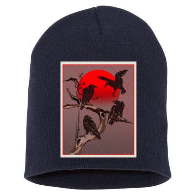 Vintage Japanese Raven Crow Red Moon Short Acrylic Beanie