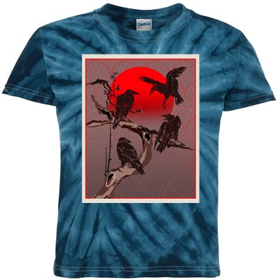 Vintage Japanese Raven Crow Red Moon Kids Tie-Dye T-Shirt