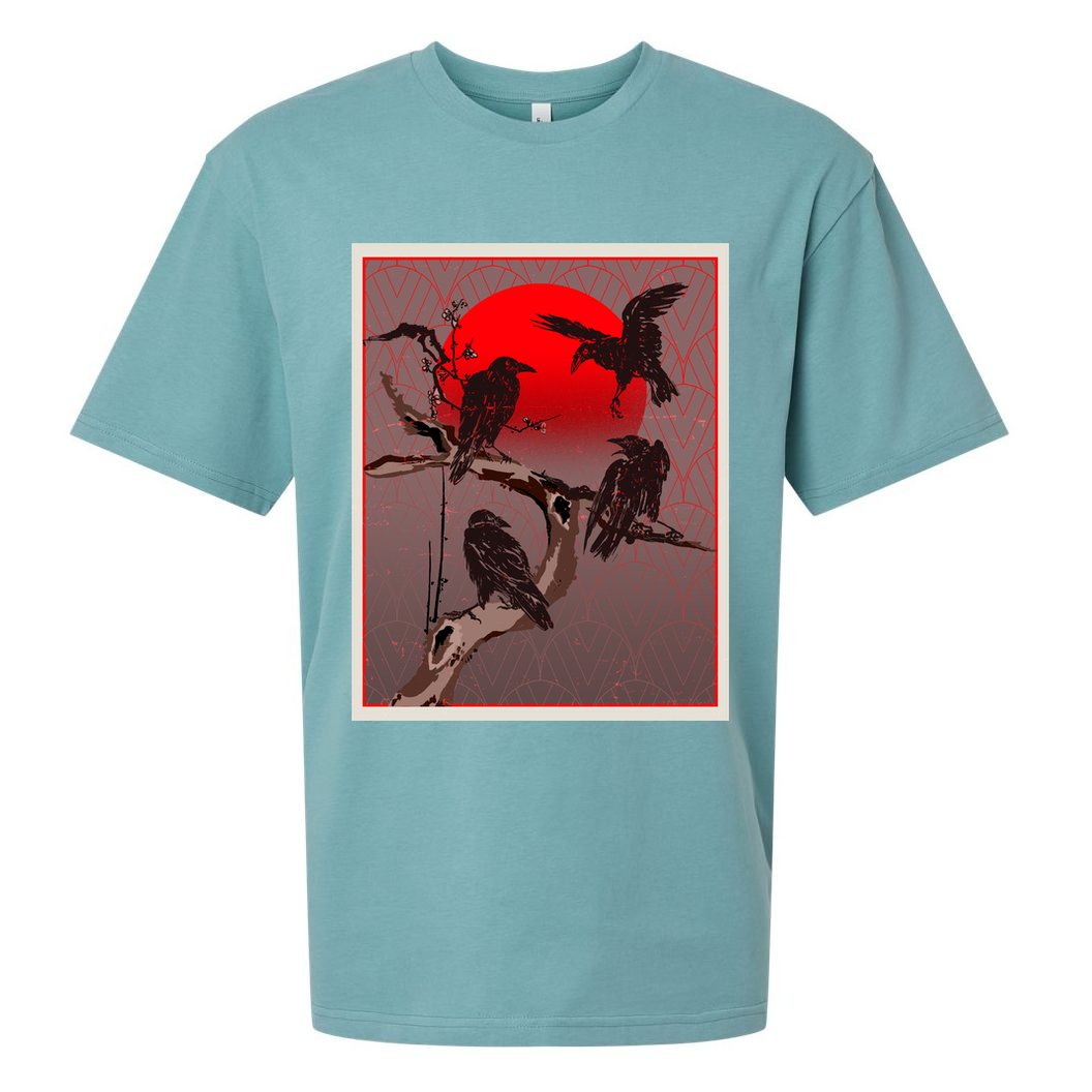 Vintage Japanese Raven Crow Red Moon Sueded Cloud Jersey T-Shirt