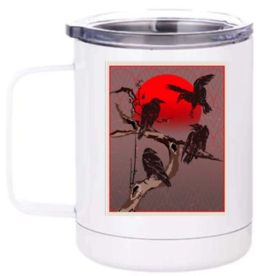 Vintage Japanese Raven Crow Red Moon 12 oz Stainless Steel Tumbler Cup