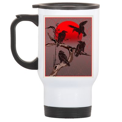 Vintage Japanese Raven Crow Red Moon Stainless Steel Travel Mug