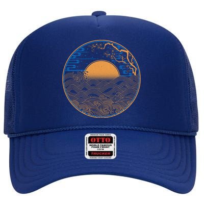 Vintage Japanese Sun Waves Emblem High Crown Mesh Back Trucker Hat