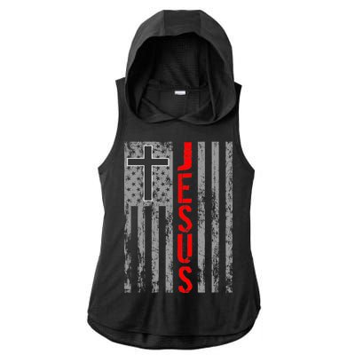 Vintage Jesus USA American Flag Catholic Christion Cross Ladies PosiCharge Tri-Blend Wicking Draft Hoodie Tank