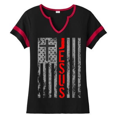 Vintage Jesus USA American Flag Catholic Christion Cross Ladies Halftime Notch Neck Tee