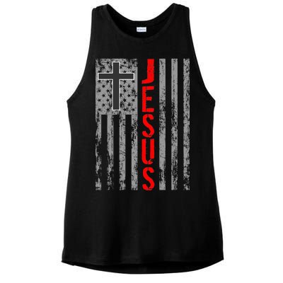 Vintage Jesus USA American Flag Catholic Christion Cross Ladies PosiCharge Tri-Blend Wicking Tank