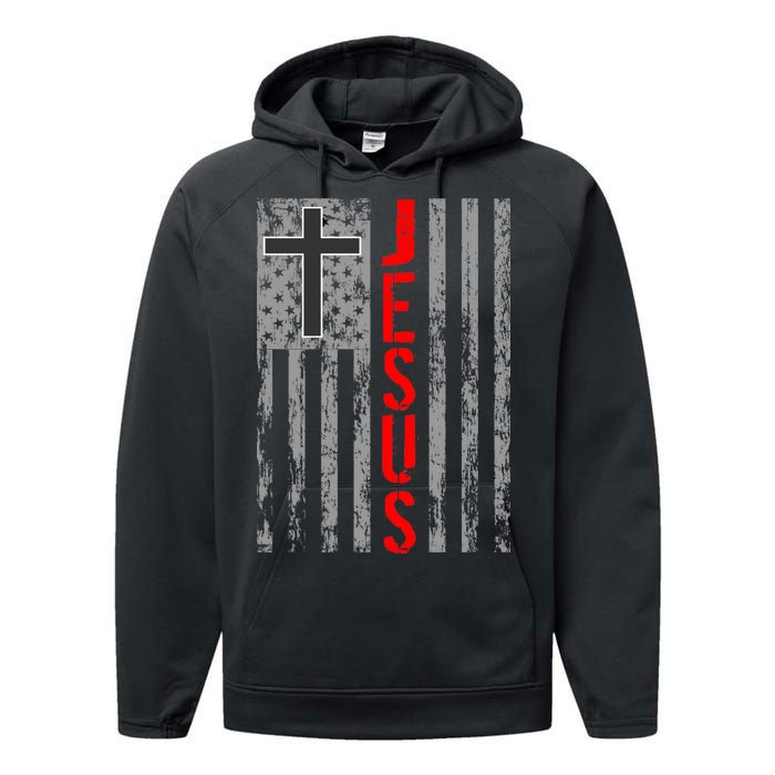 Vintage Jesus USA American Flag Catholic Christion Cross Performance Fleece Hoodie