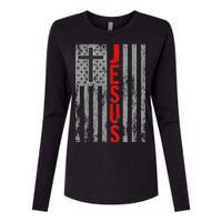 Vintage Jesus USA American Flag Catholic Christion Cross Womens Cotton Relaxed Long Sleeve T-Shirt